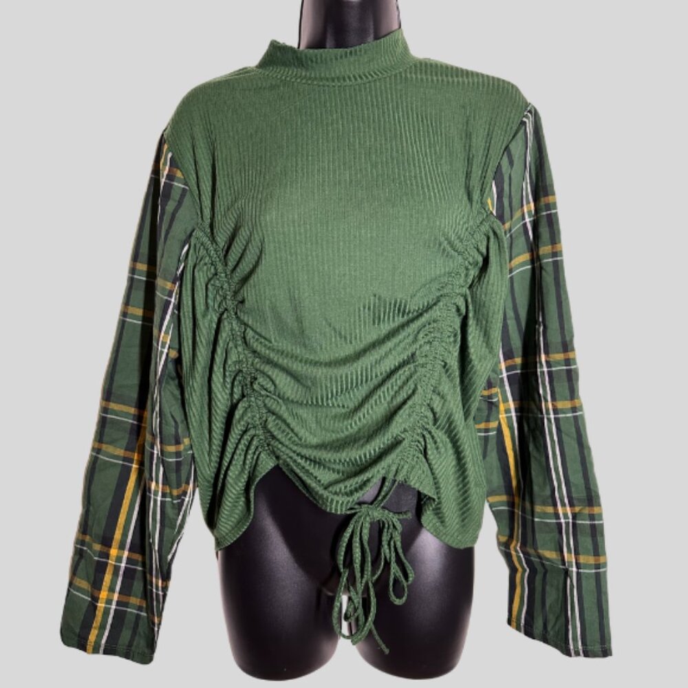 Jolie & Joy Green Ribbed Top with Plaid Sleeves & Ruched Front NWT Size 2X